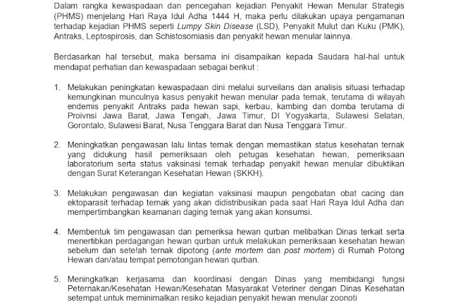 SE Kewaspadaan Penyakit Hewan Menular Strategis(PHMS)  Menjelang Hari Raya Idul Adha 1444 H