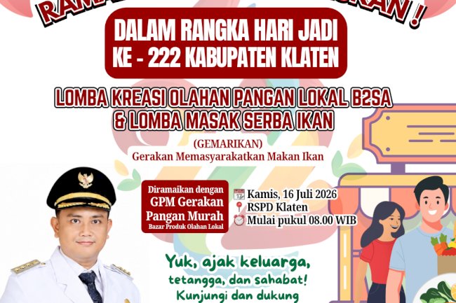 DKPP Klaten Ajak Masyarakat Ramaikan Lomba Kreasi Olahan Pangan Lokal B2SA dan Lomba Masak Serba Ikan