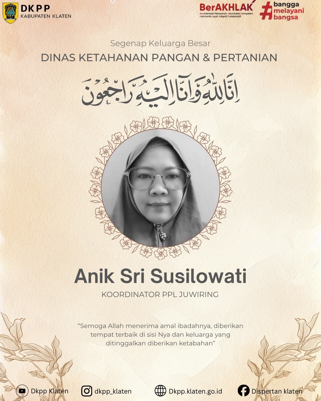 TURUT DUKA CITA ATAS BERPULANGNYA SAUDARA KITA ANIK SRI SUSILOWATI.SP.,MSi (KOOR BPP JUWIRING)