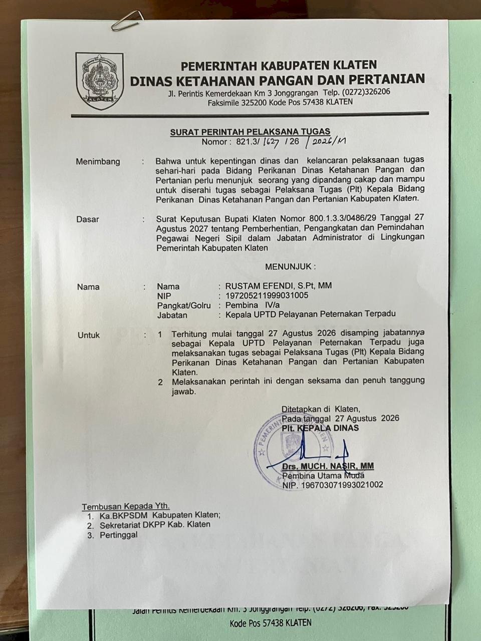 DKPP Klaten Menunjuk Plt. Kabid Perikanan untuk Perkuat Layanan Sektor Perikanan